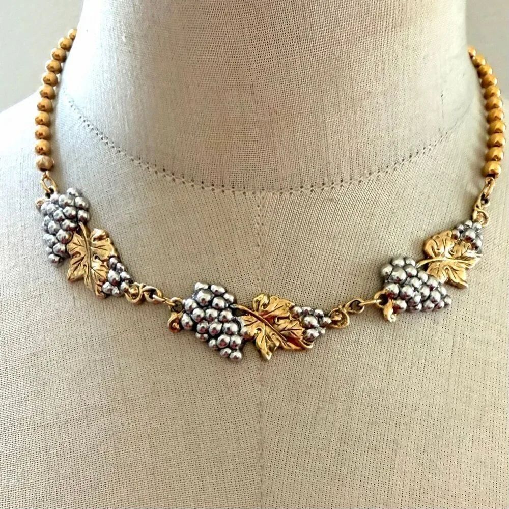Vintage Gold Tone & Silver Tone Grape Cluster Necklace Leaf Design
